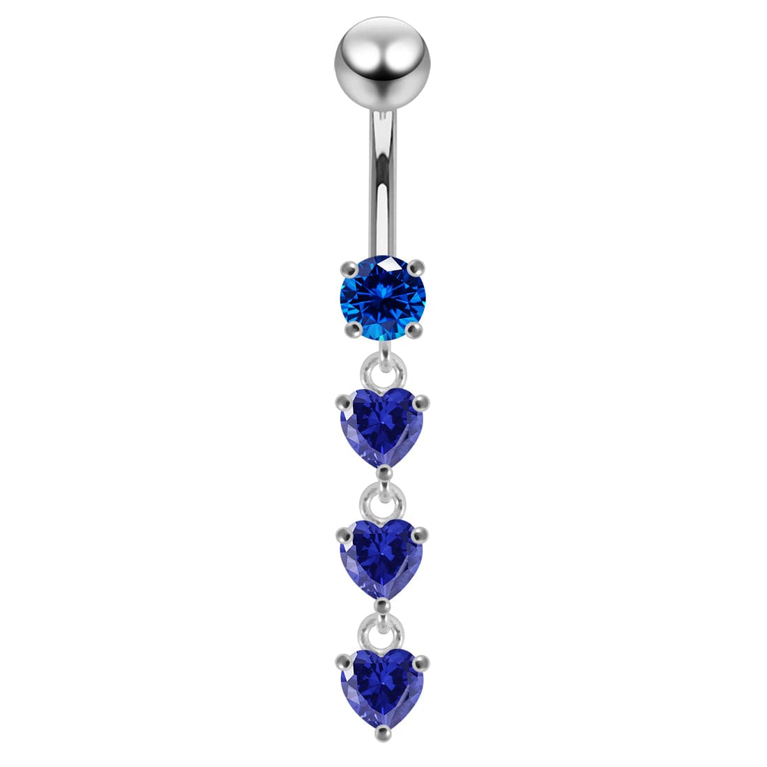 925 Sterling Silver Dangling Jewelled Hearts Navel Ring - Monster Piercing