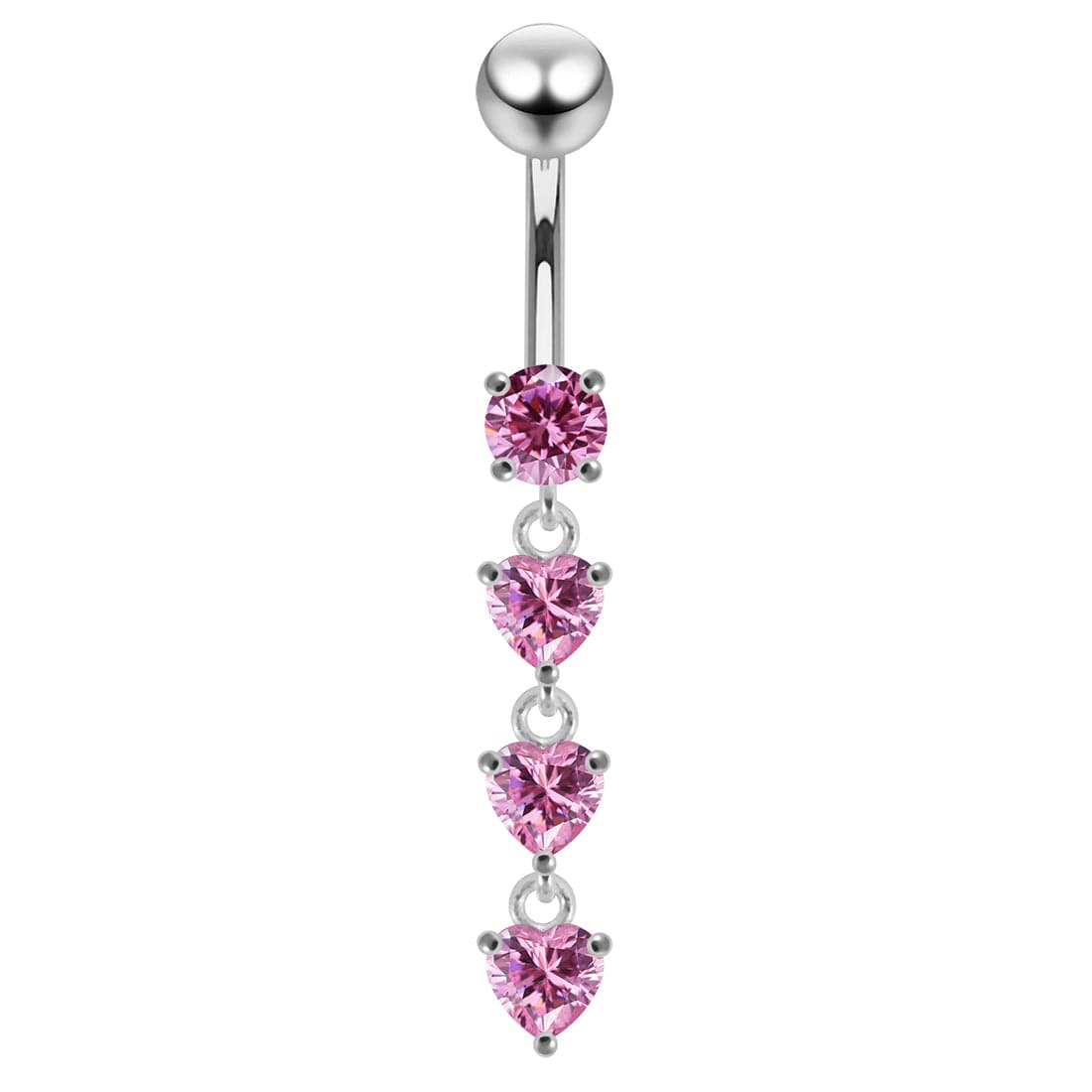 925 Sterling Silver Dangling Jewelled Hearts Navel Ring - Monster Piercing