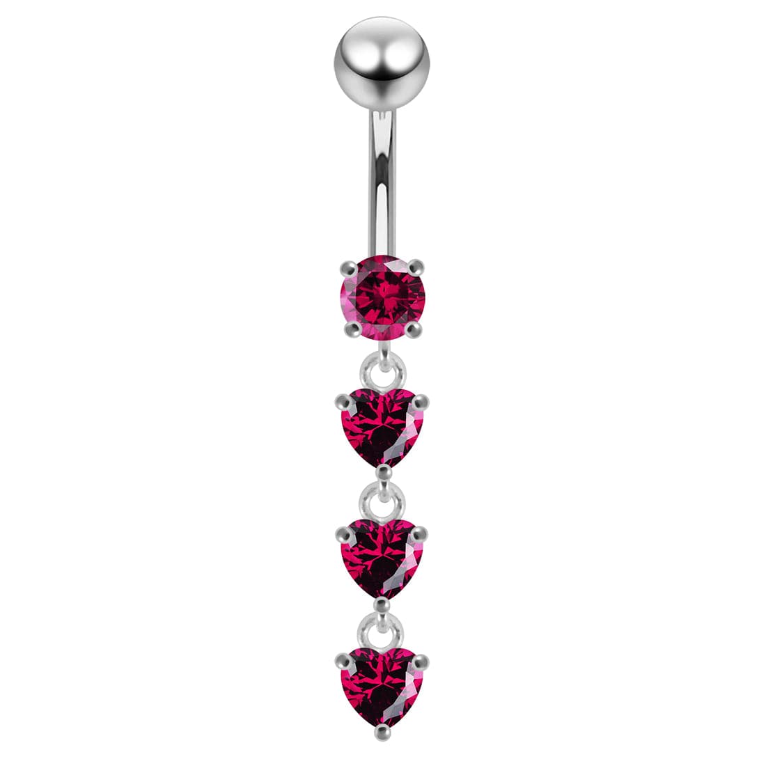 925 Sterling Silver Dangling Jewelled Hearts Navel Ring - Monster Piercing
