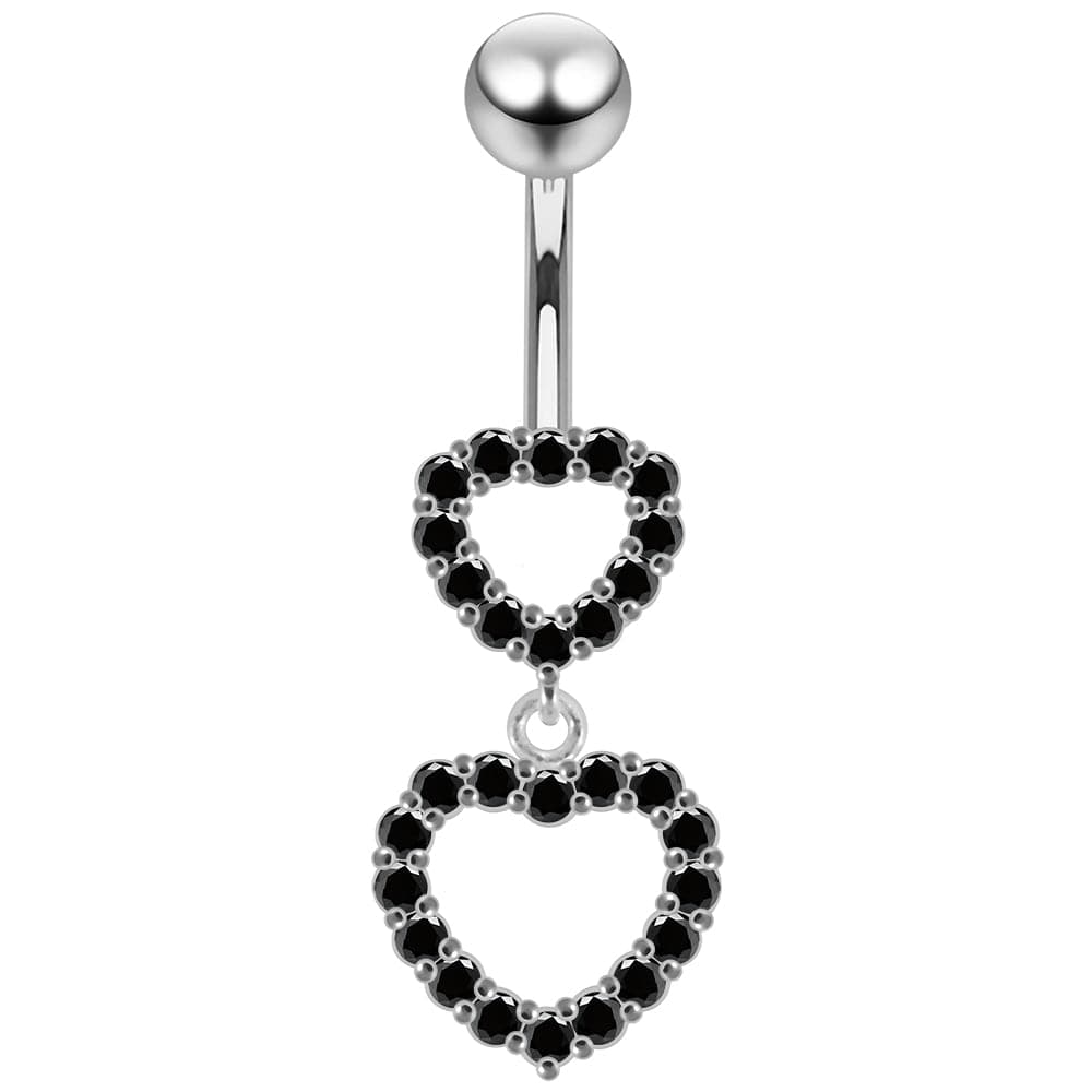 925 Sterling Silver Double Heart Dangling Belly Ring - Monster Piercing