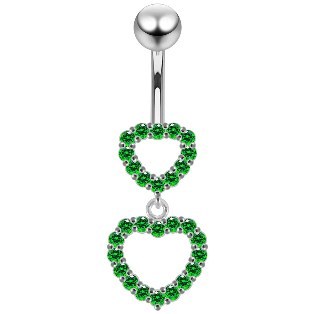 925 Sterling Silver Double Heart Dangling Belly Ring - Monster Piercing