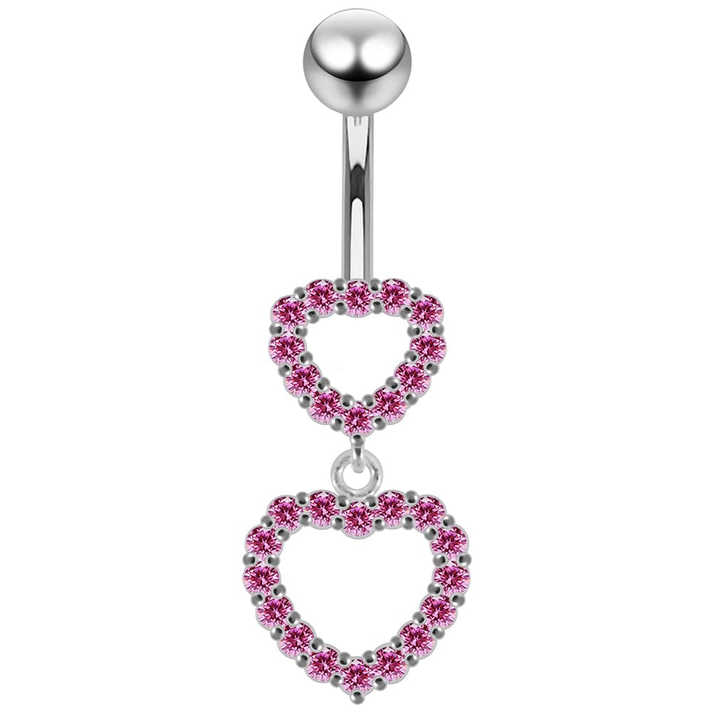925 Sterling Silver Double Heart Dangling Belly Ring - Monster Piercing