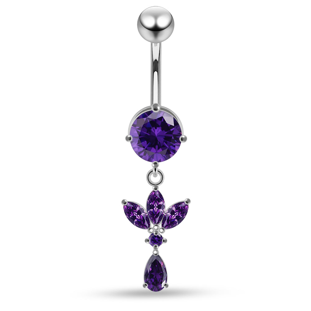 Round CZ Jewelled with Dangling Leaf and Teardrop Belly Piercing - Monster Piercing