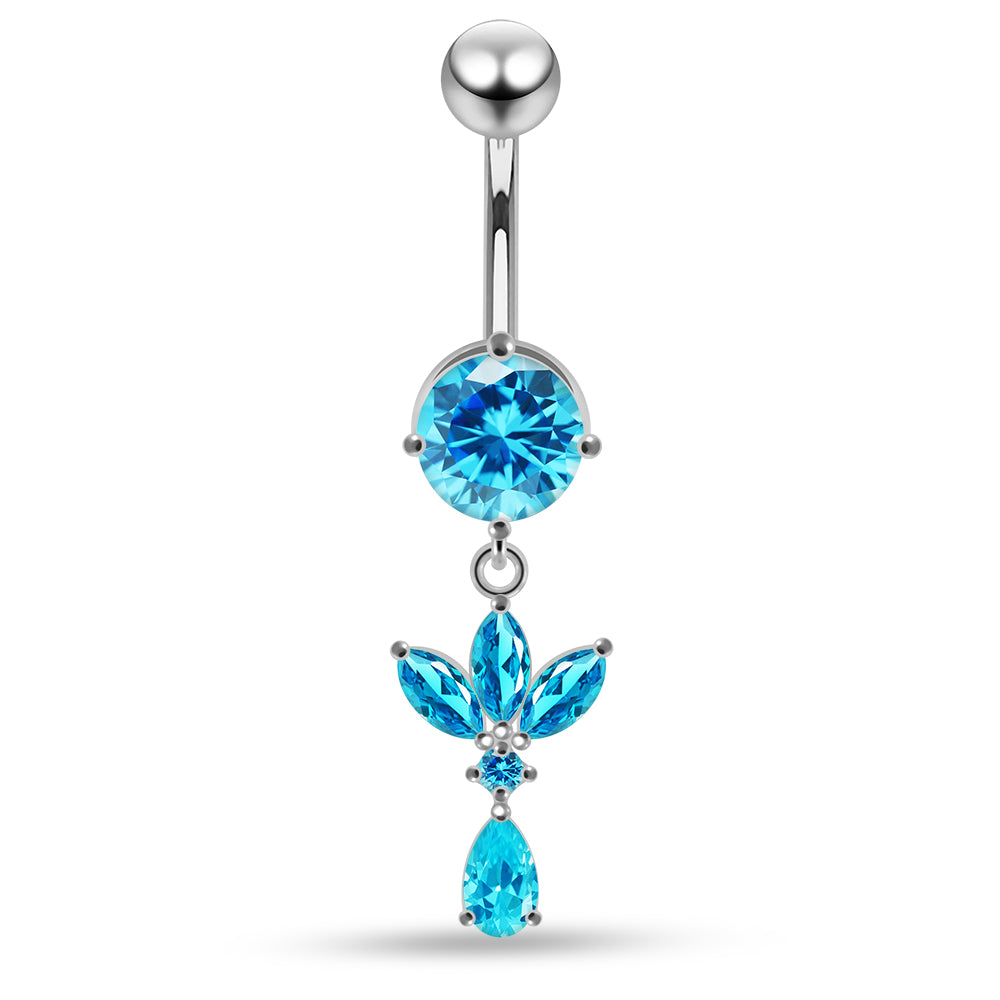 Round CZ Jewelled with Dangling Leaf and Teardrop Belly Piercing - Monster Piercing