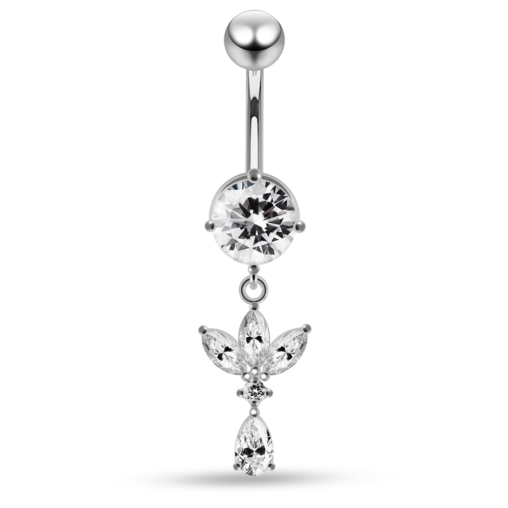Round CZ Jewelled with Dangling Leaf and Teardrop Belly Piercing - Monster Piercing