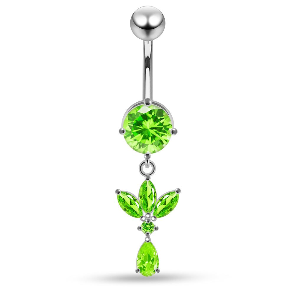 Round CZ Jewelled with Dangling Leaf and Teardrop Belly Piercing - Monster Piercing