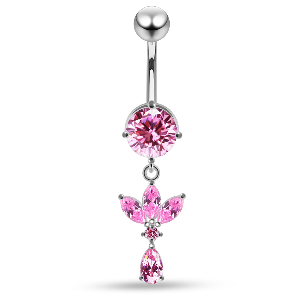 Round CZ Jewelled with Dangling Leaf and Teardrop Belly Piercing - Monster Piercing