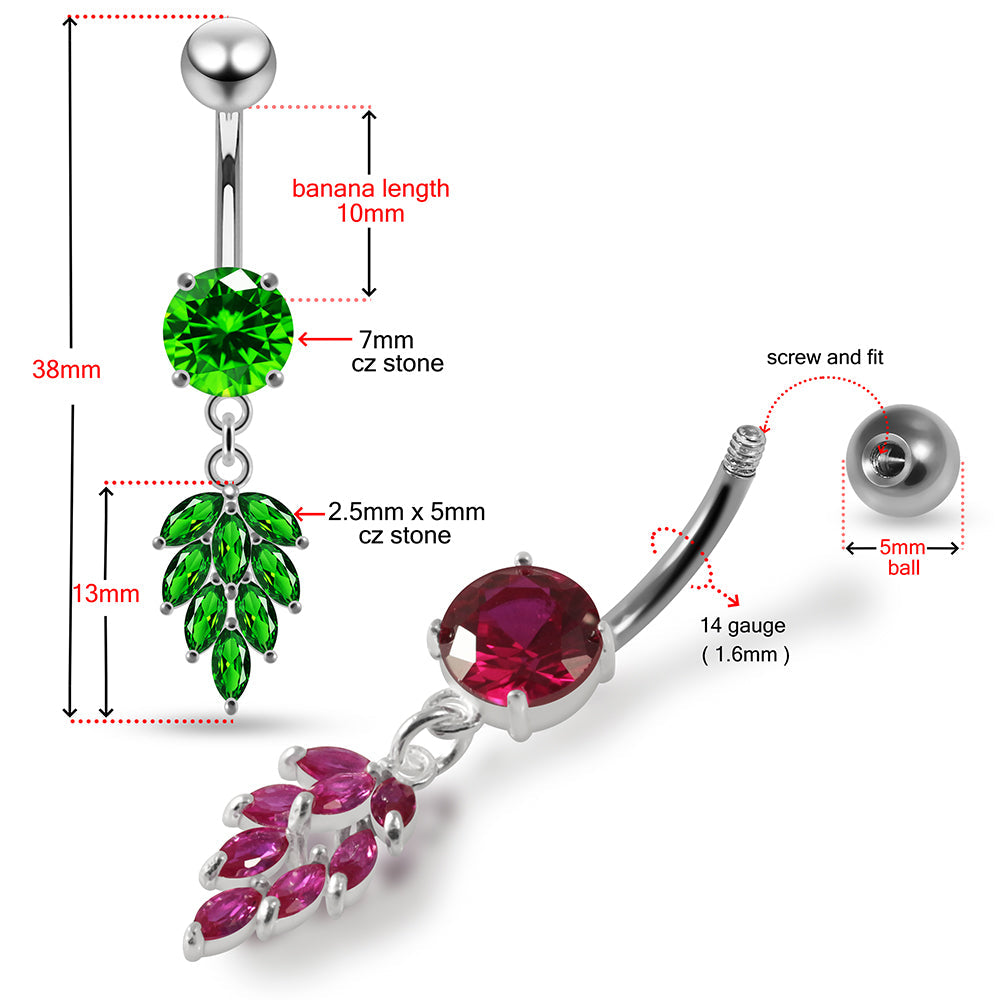 925 Sterling Silver Round CZ Jewelled with Dangling Foliage Belly Piercing - Monster Piercing