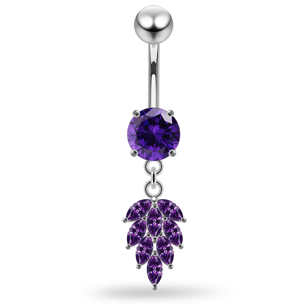925 Sterling Silver Round CZ Jewelled with Dangling Foliage Belly Piercing - Monster Piercing
