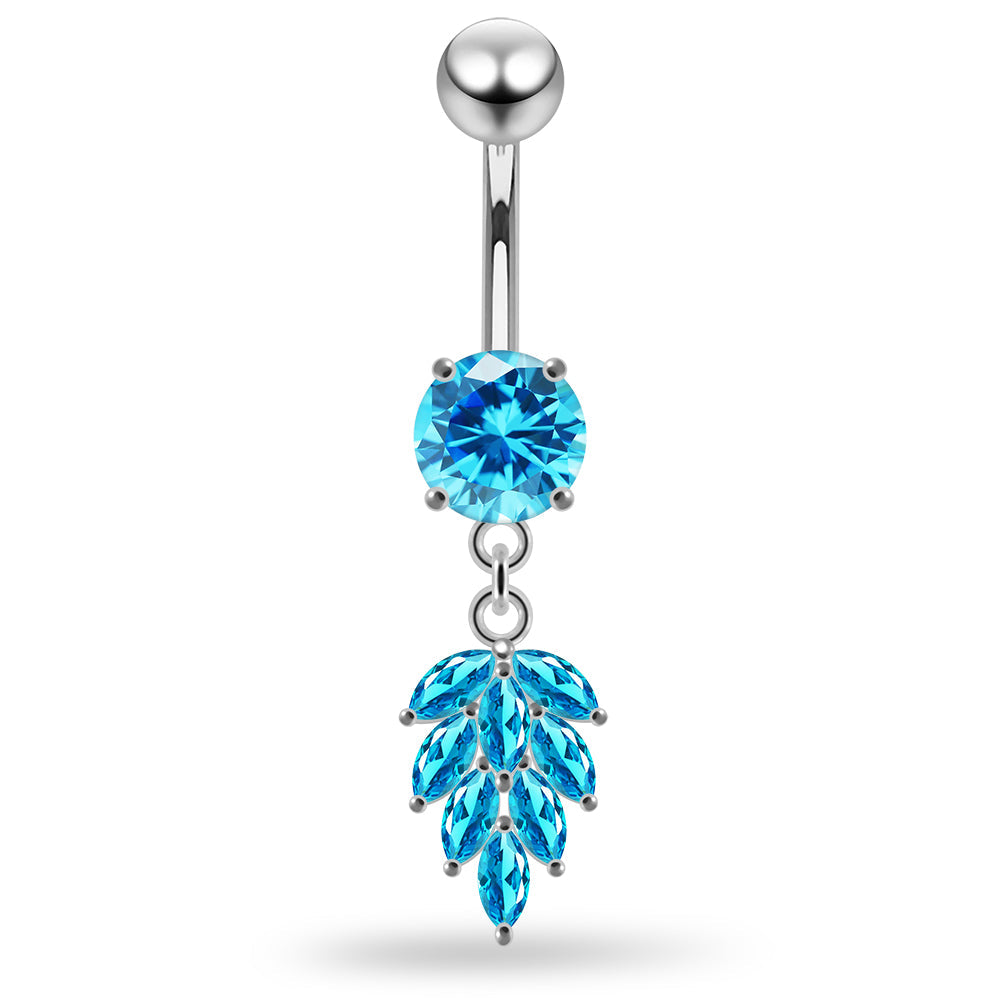 925 Sterling Silver Round CZ Jewelled with Dangling Foliage Belly Piercing - Monster Piercing