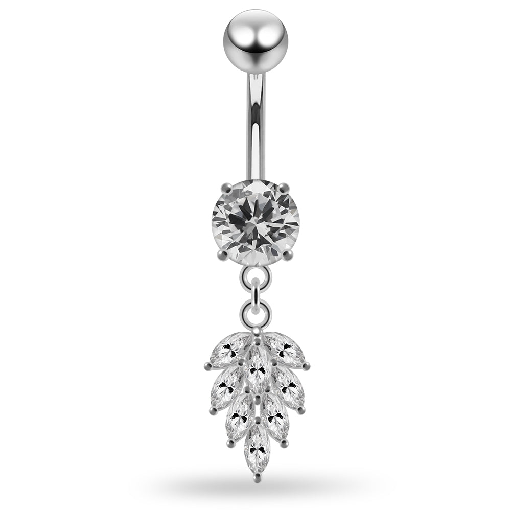 925 Sterling Silver Round CZ Jewelled with Dangling Foliage Belly Piercing - Monster Piercing