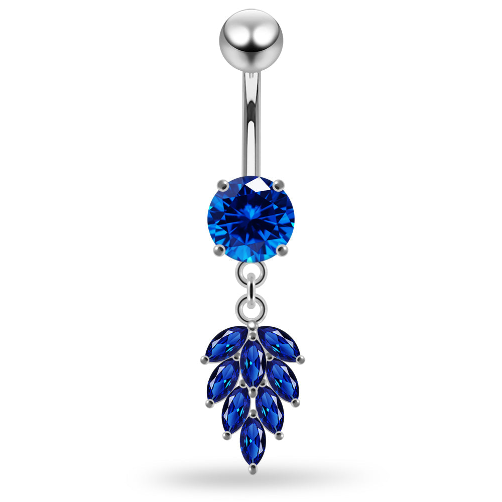 925 Sterling Silver Round CZ Jewelled with Dangling Foliage Belly Piercing - Monster Piercing