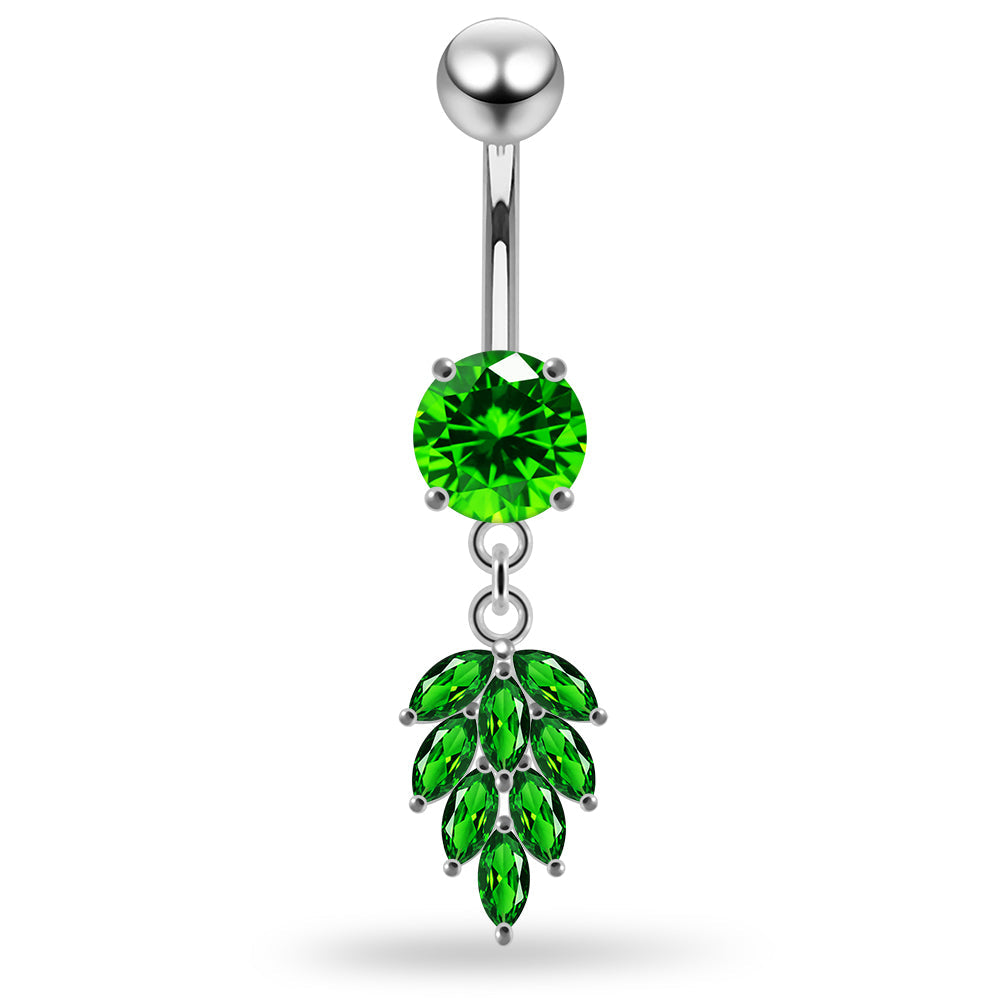 925 Sterling Silver Round CZ Jewelled with Dangling Foliage Belly Piercing - Monster Piercing