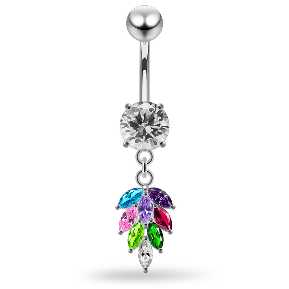 925 Sterling Silver Round CZ Jewelled with Dangling Foliage Belly Piercing - Monster Piercing