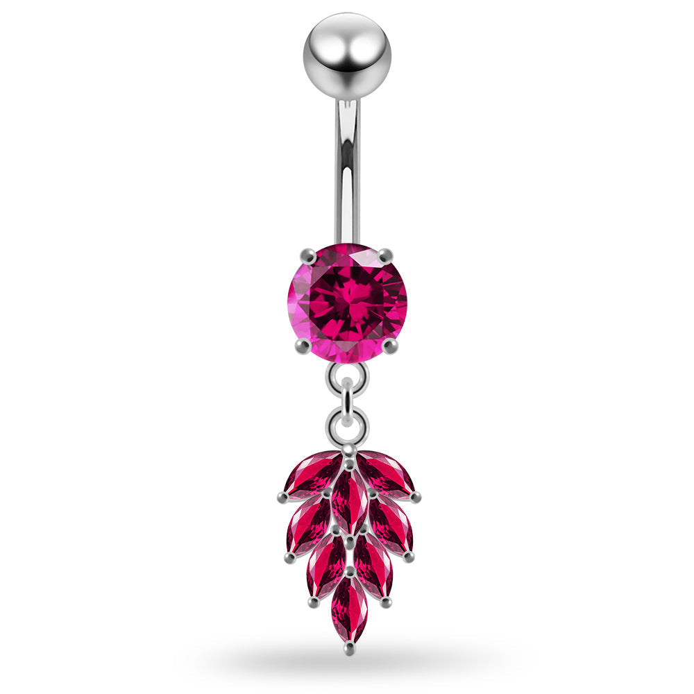 925 Sterling Silver Round CZ Jewelled with Dangling Foliage Belly Piercing - Monster Piercing