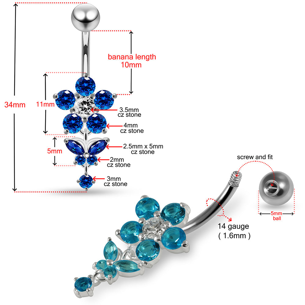 925 Sterling Silver Jewelled Flower with Dangling Butterfly Belly Piercing - Monster Piercing