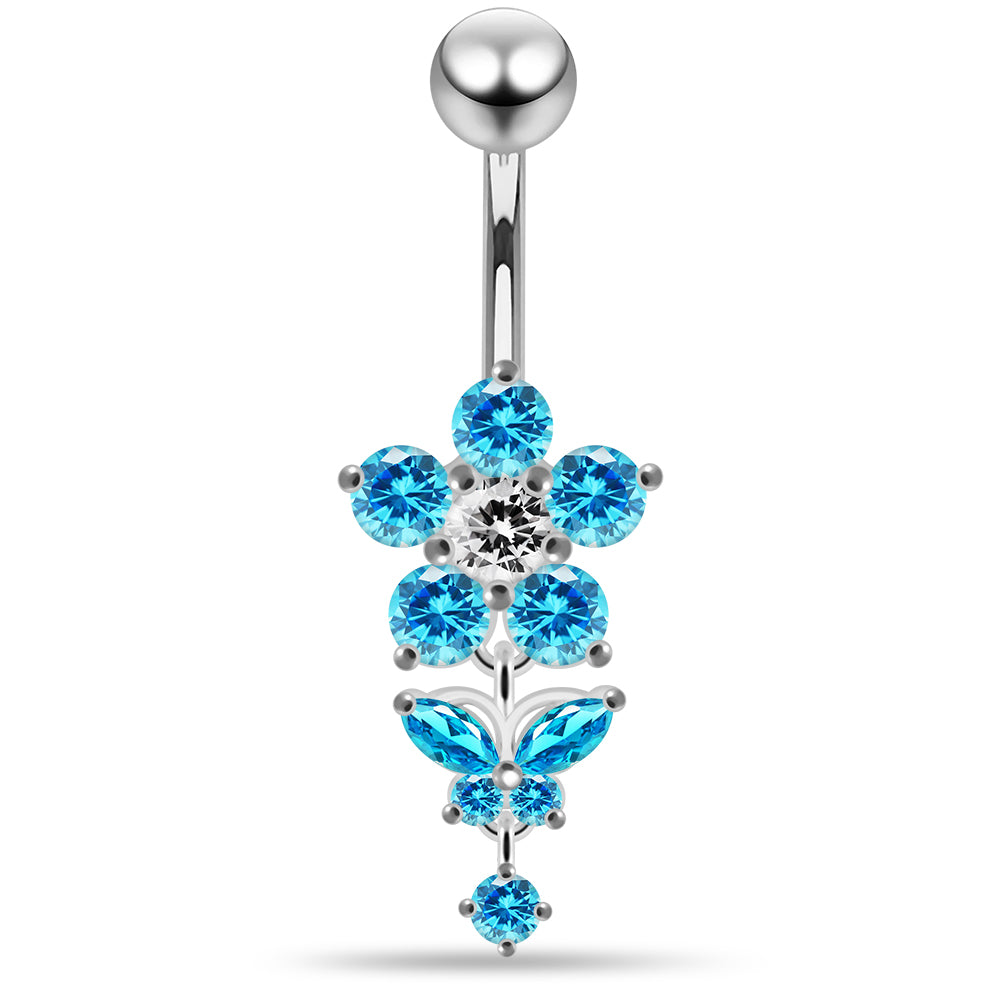 925 Sterling Silver Jewelled Flower with Dangling Butterfly Belly Piercing - Monster Piercing