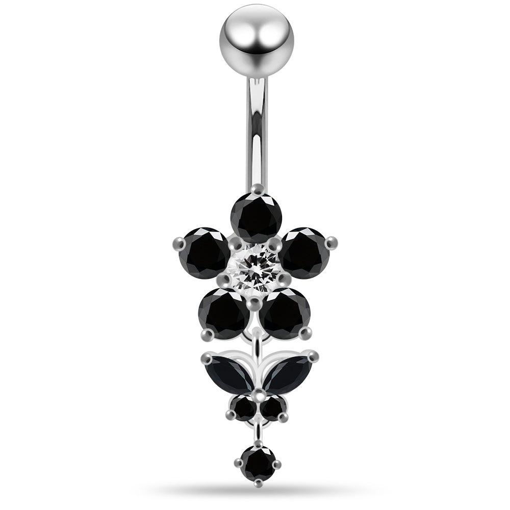 925 Sterling Silver Jewelled Flower with Dangling Butterfly Belly Piercing - Monster Piercing