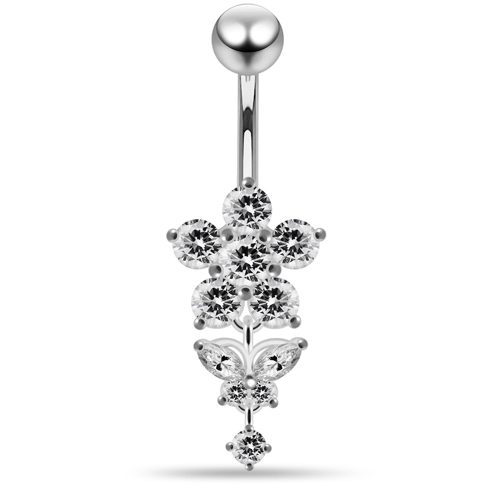 925 Sterling Silver Jewelled Flower with Dangling Butterfly Belly Piercing - Monster Piercing