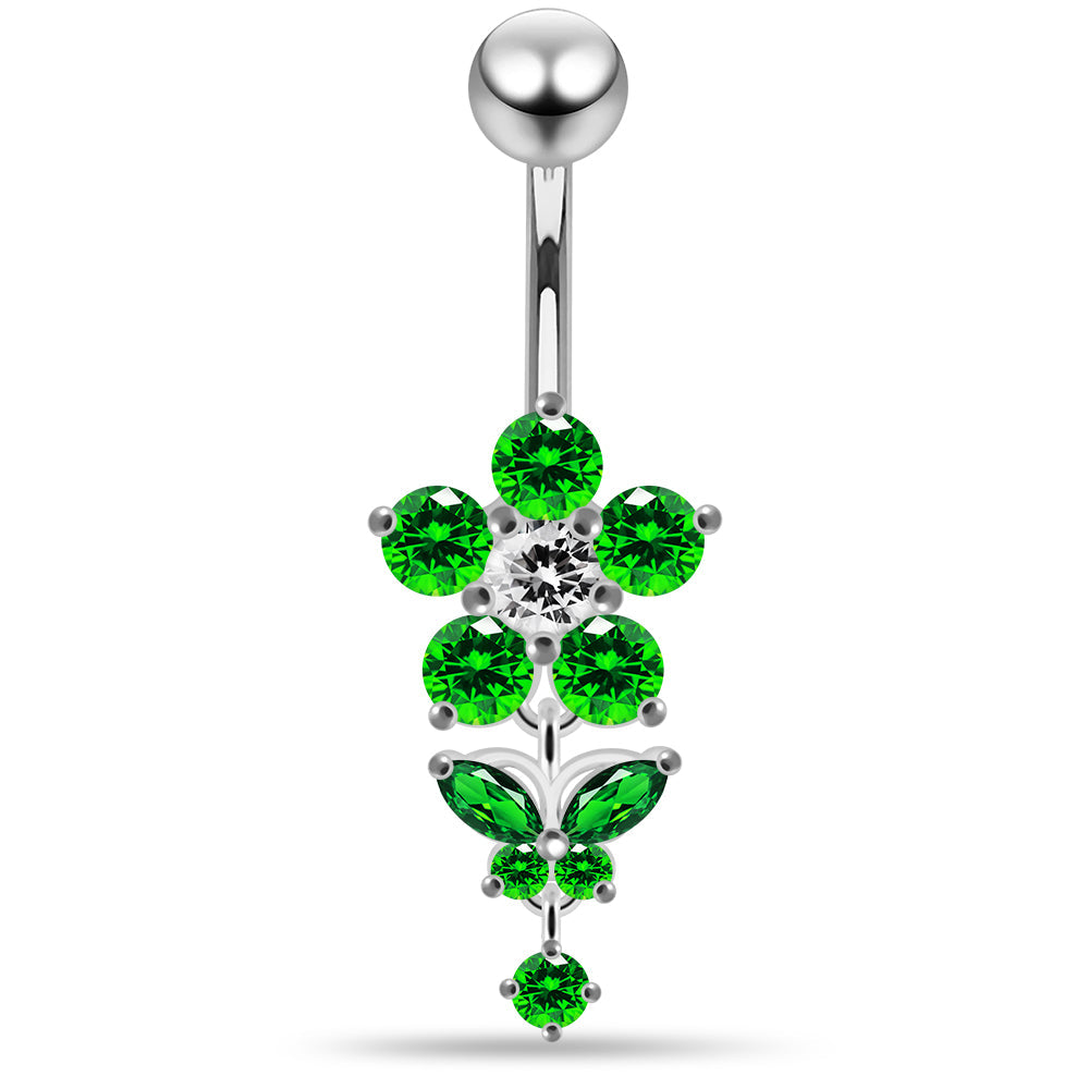 925 Sterling Silver Jewelled Flower with Dangling Butterfly Belly Piercing - Monster Piercing