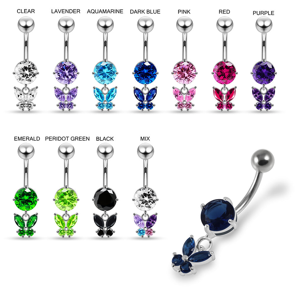 925 Sterling Silver Round CZ Jewelled with Dangling Butterfly Belly Piercing - Monster Piercing