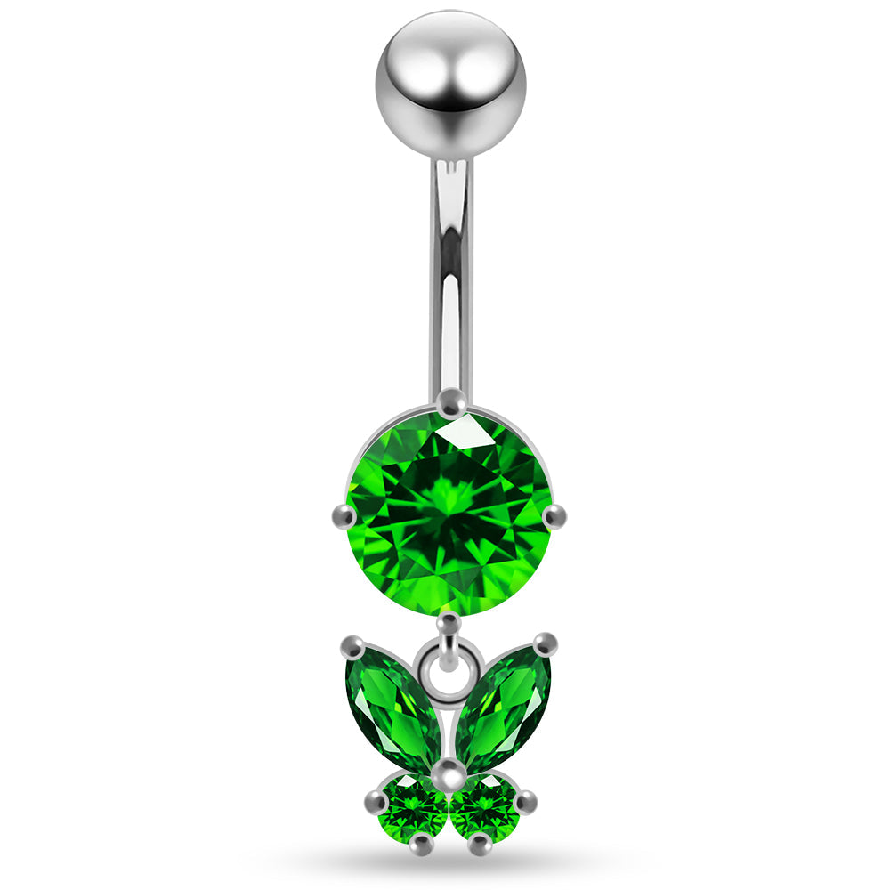 925 Sterling Silver Round CZ Jewelled with Dangling Butterfly Belly Piercing - Monster Piercing