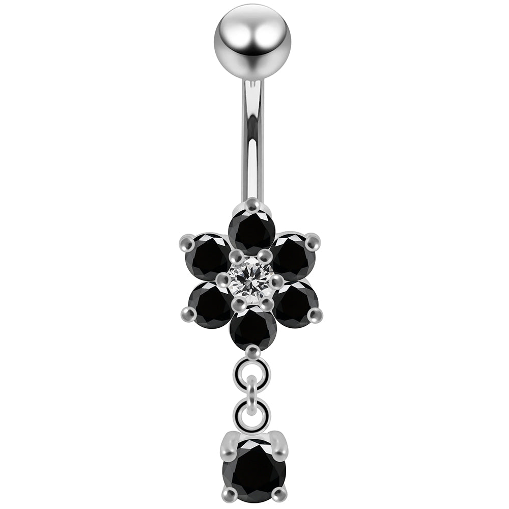 925 Sterling Silver Round CZ Jewelled Flower Dangling Belly Ring - Monster Piercing