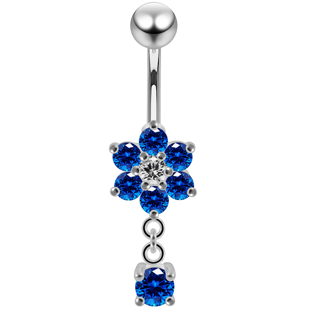 925 Sterling Silver Round CZ Jewelled Flower Dangling Belly Ring - Monster Piercing