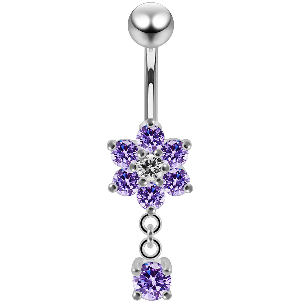 925 Sterling Silver Round CZ Jewelled Flower Dangling Belly Ring - Monster Piercing
