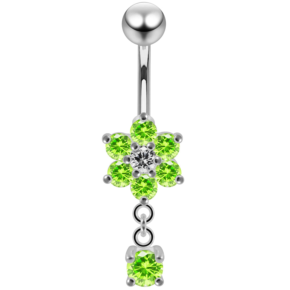 925 Sterling Silver Round CZ Jewelled Flower Dangling Belly Ring - Monster Piercing