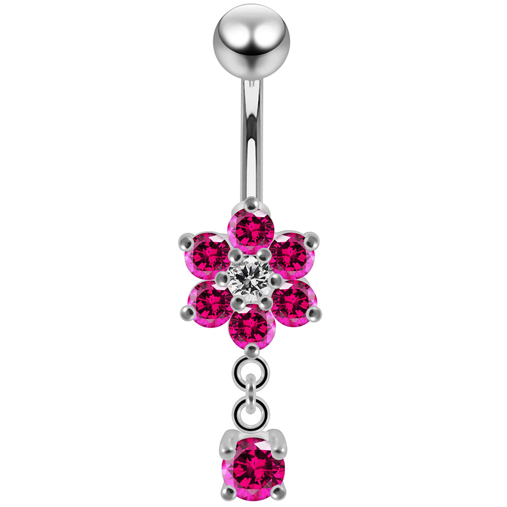 925 Sterling Silver Round CZ Jewelled Flower Dangling Belly Ring - Monster Piercing