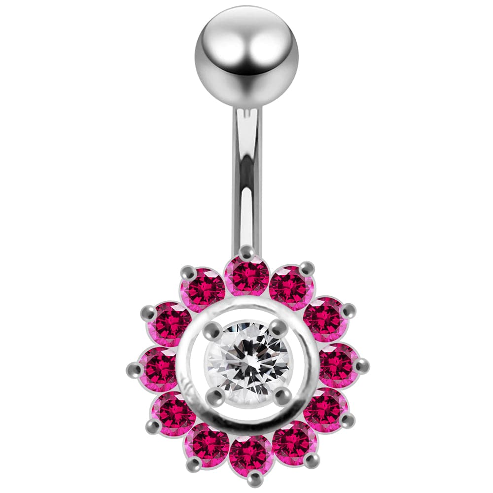 925 Sterling Silver Fancy Jewelled Sun Flower SS Curved Bar Belly Ring - Monster Piercing