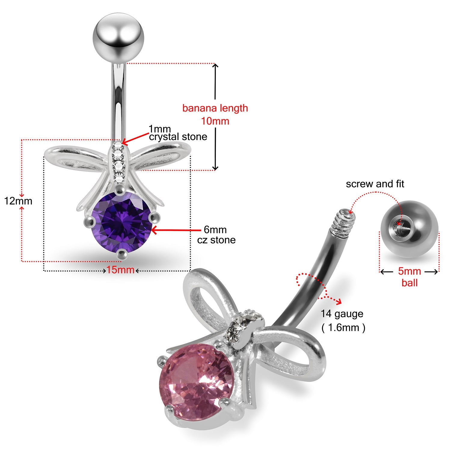 925 Sterling Silver CZ Jewelled Bow Non Dangle Belly Button Ring - Monster Piercing