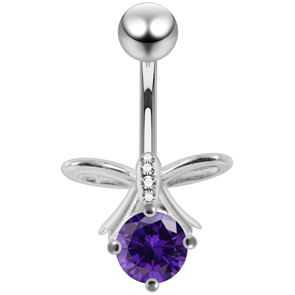 925 Sterling Silver CZ Jewelled Bow Non Dangle Belly Button Ring - Monster Piercing