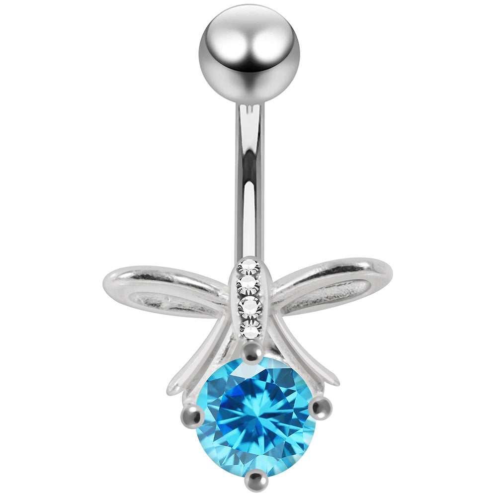 925 Sterling Silver CZ Jewelled Bow Non Dangle Belly Button Ring - Monster Piercing