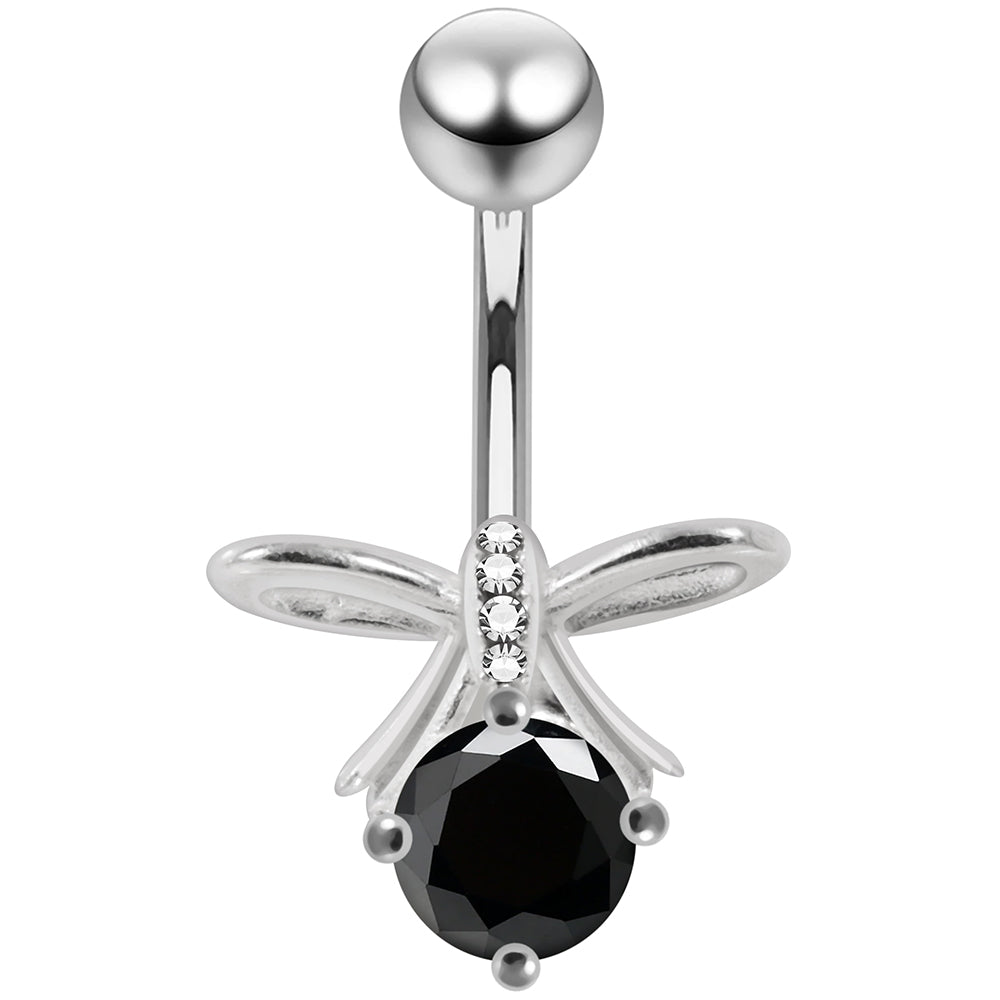 925 Sterling Silver CZ Jewelled Bow Non Dangle Belly Button Ring - Monster Piercing