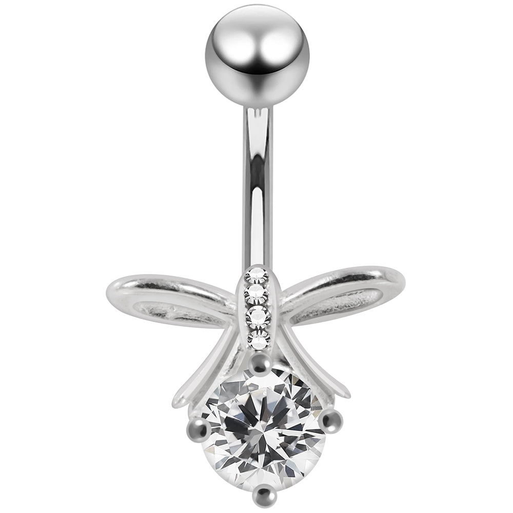 925 Sterling Silver CZ Jewelled Bow Non Dangle Belly Button Ring - Monster Piercing