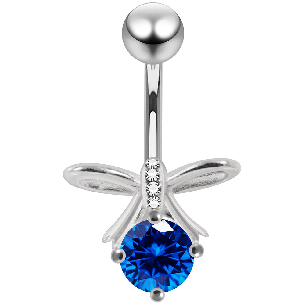 925 Sterling Silver CZ Jewelled Bow Non Dangle Belly Button Ring - Monster Piercing