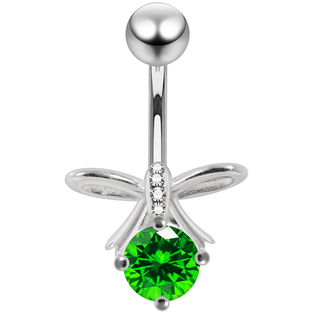 925 Sterling Silver CZ Jewelled Bow Non Dangle Belly Button Ring - Monster Piercing