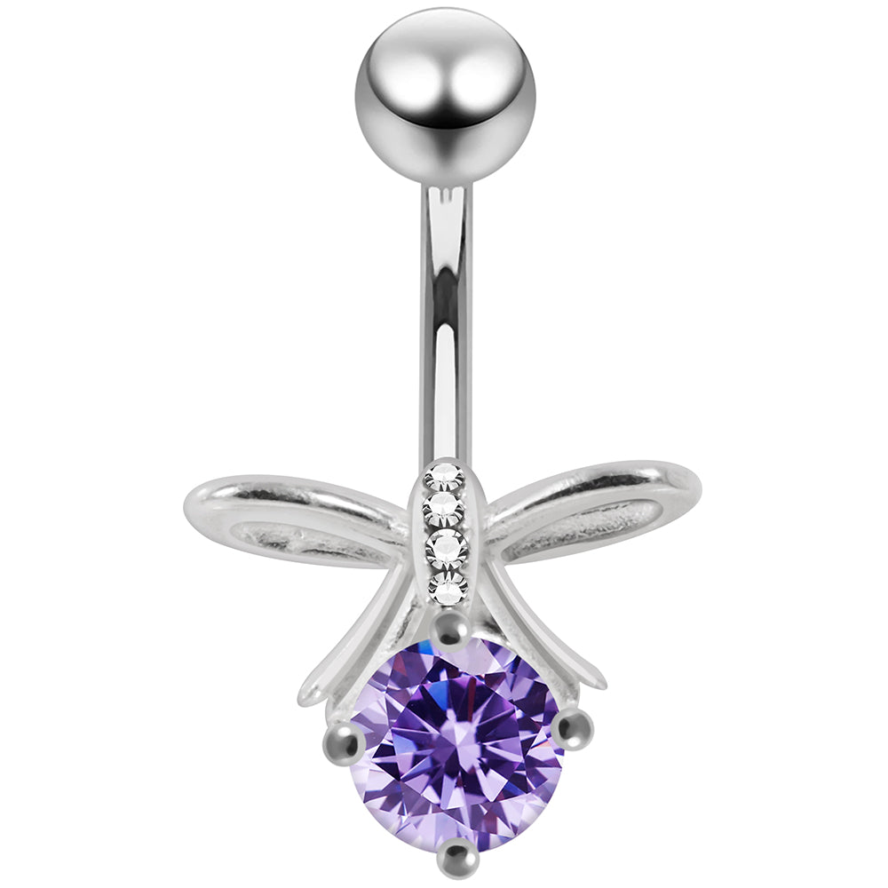 925 Sterling Silver CZ Jewelled Bow Non Dangle Belly Button Ring - Monster Piercing