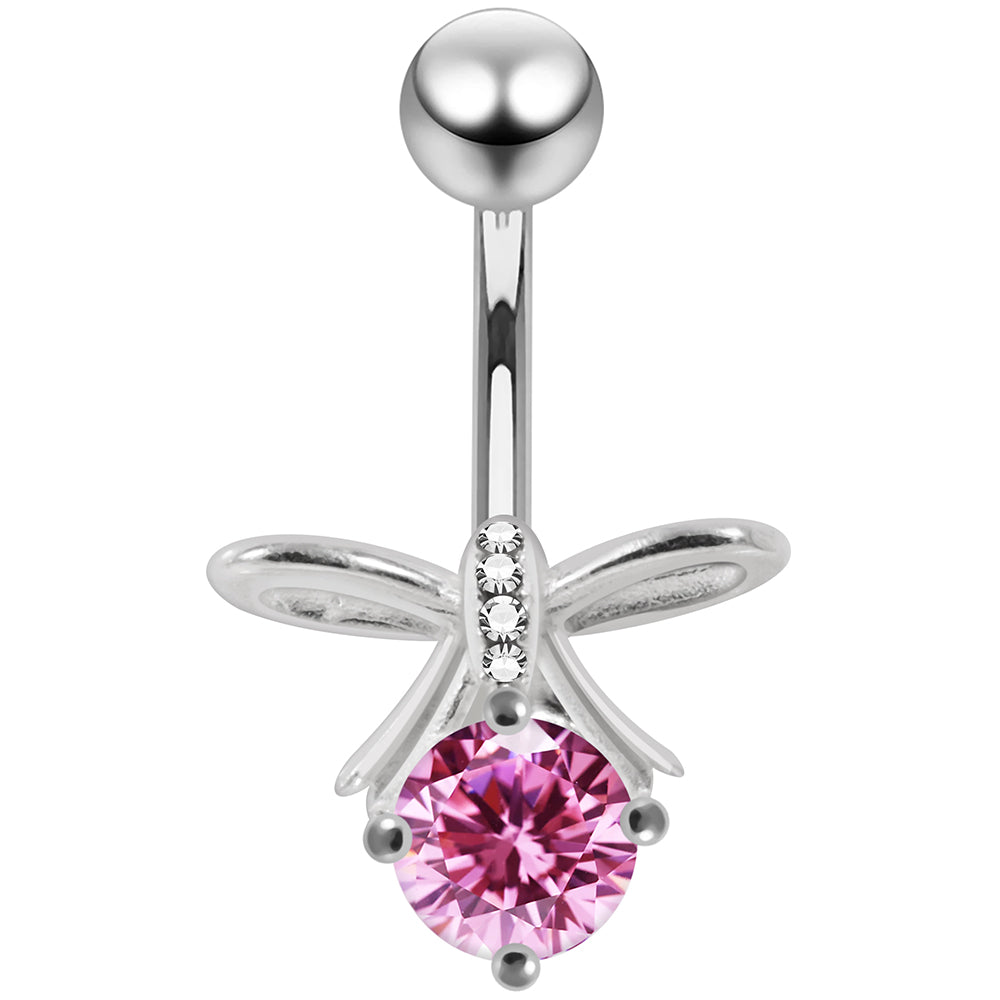 925 Sterling Silver CZ Jewelled Bow Non Dangle Belly Button Ring - Monster Piercing