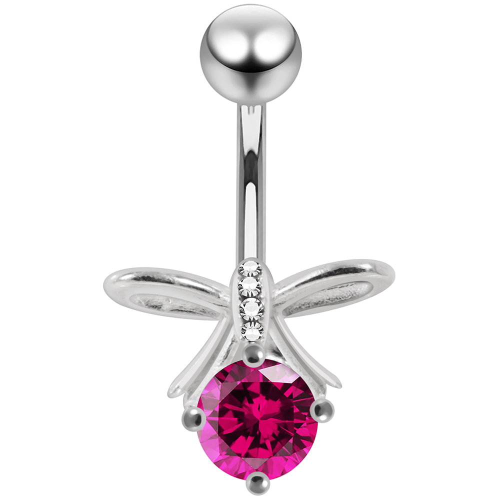 925 Sterling Silver CZ Jewelled Bow Non Dangle Belly Button Ring - Monster Piercing