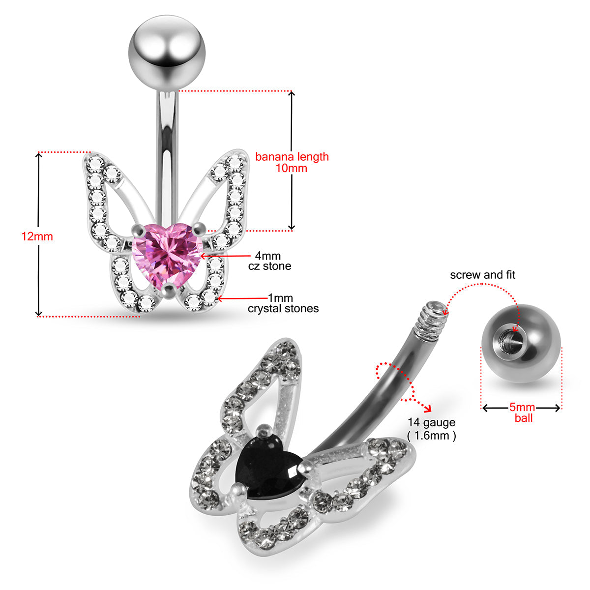 925 Sterling Silver Heart CZ Jewelled Butterfly Non Dangle Belly Button Ring - Monster Piercing