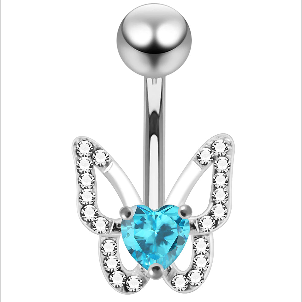 925 Sterling Silver Heart CZ Jewelled Butterfly Non Dangle Belly Button Ring - Monster Piercing