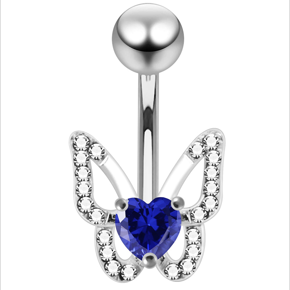 925 Sterling Silver Heart CZ Jewelled Butterfly Non Dangle Belly Button Ring - Monster Piercing