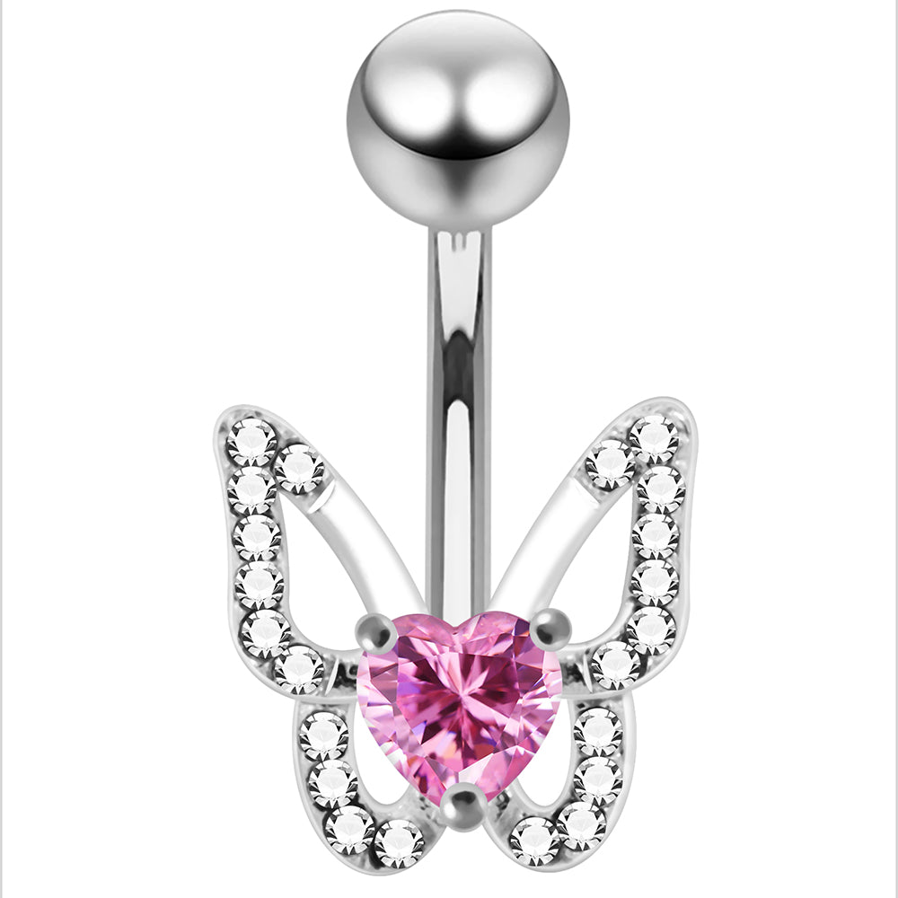 925 Sterling Silver Heart CZ Jewelled Butterfly Non Dangle Belly Button Ring - Monster Piercing