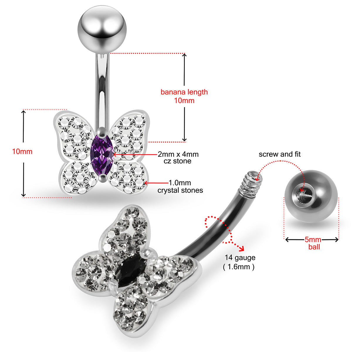 CZ Jewelled Butterfly Non Dangle Belly Button Ring - Monster Piercing
