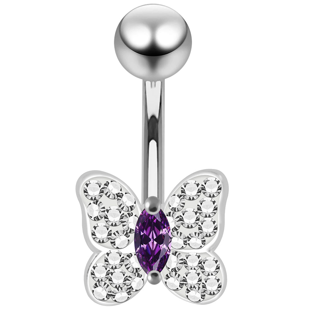 CZ Jewelled Butterfly Non Dangle Belly Button Ring - Monster Piercing