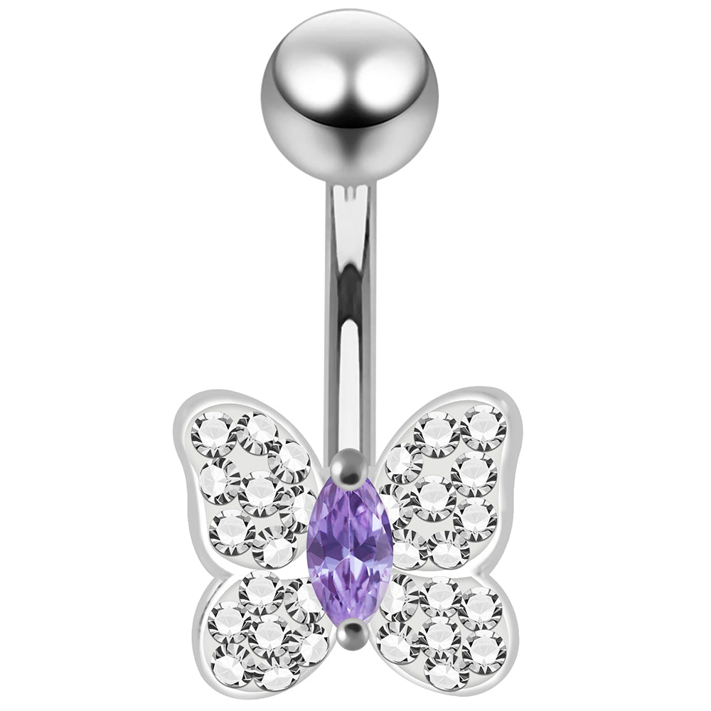 CZ Jewelled Butterfly Non Dangle Belly Button Ring - Monster Piercing