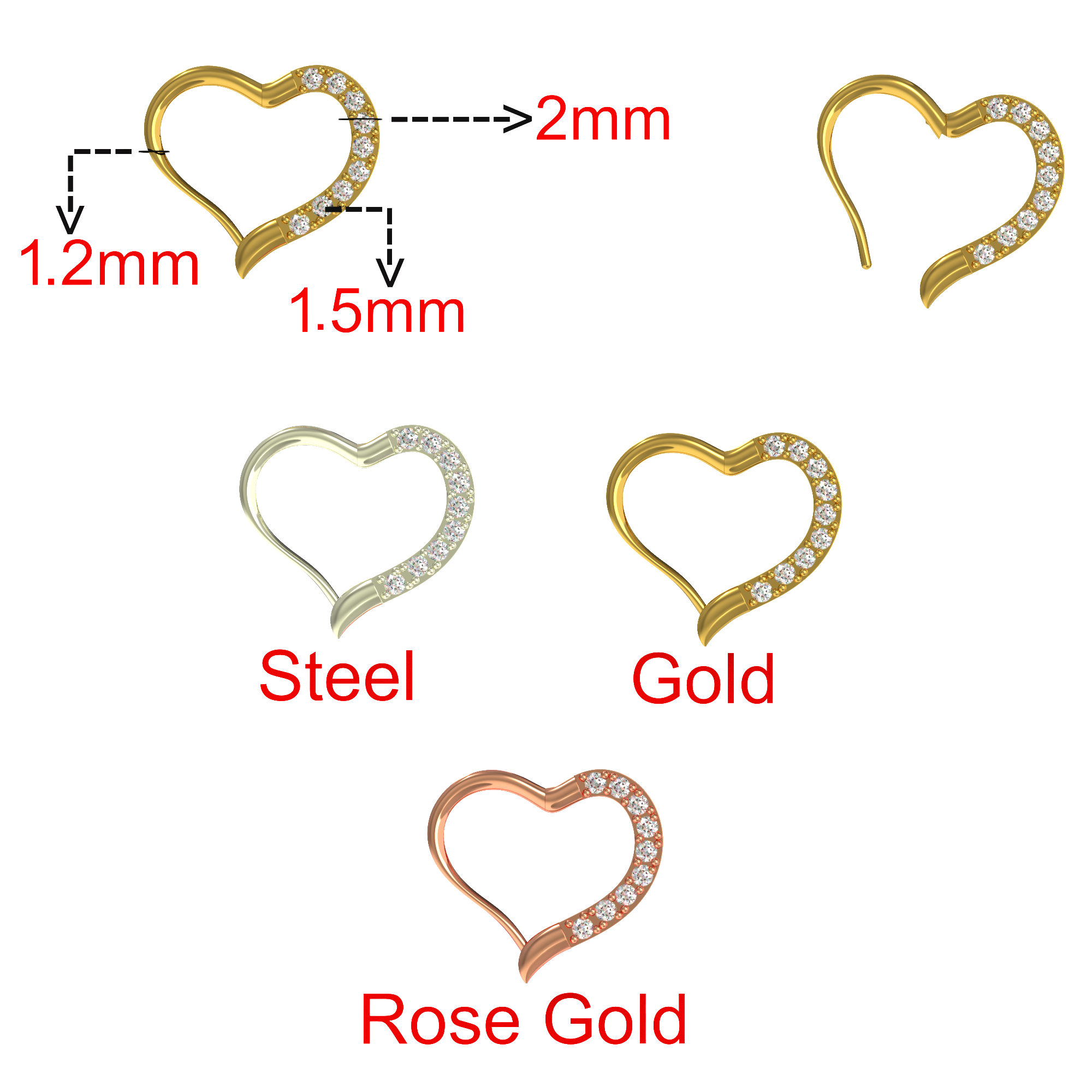 316L Surgical Steel Jewelled Heart Single Closure Clicker - Monster Piercing